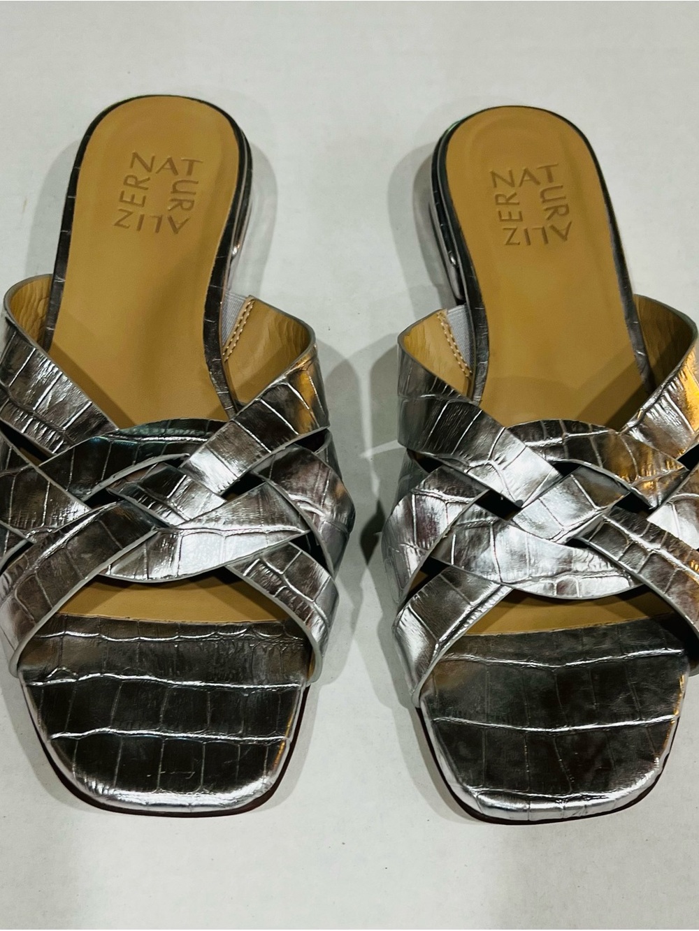 Naturalizer Ashford Silver Metallic Croc Leather Slide Sandals - Size 8